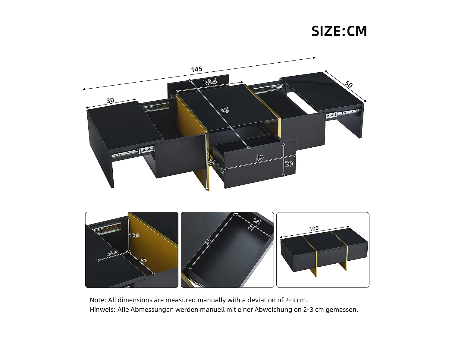 Table basse rectangulaire avec 4 tiroirs de rangement, noire et dorée - pour salon