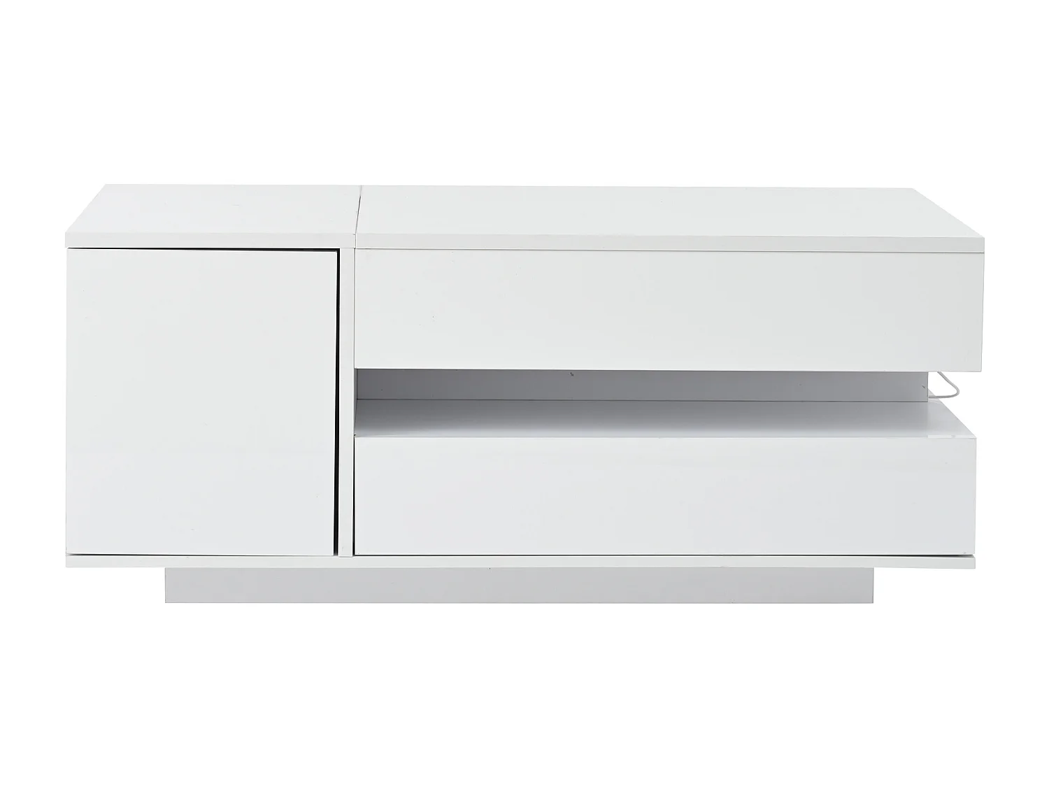 Weißer glänzender Couchtisch mit hochklappbarer Tischplatte, Schubladen und LED-Beleuchtung