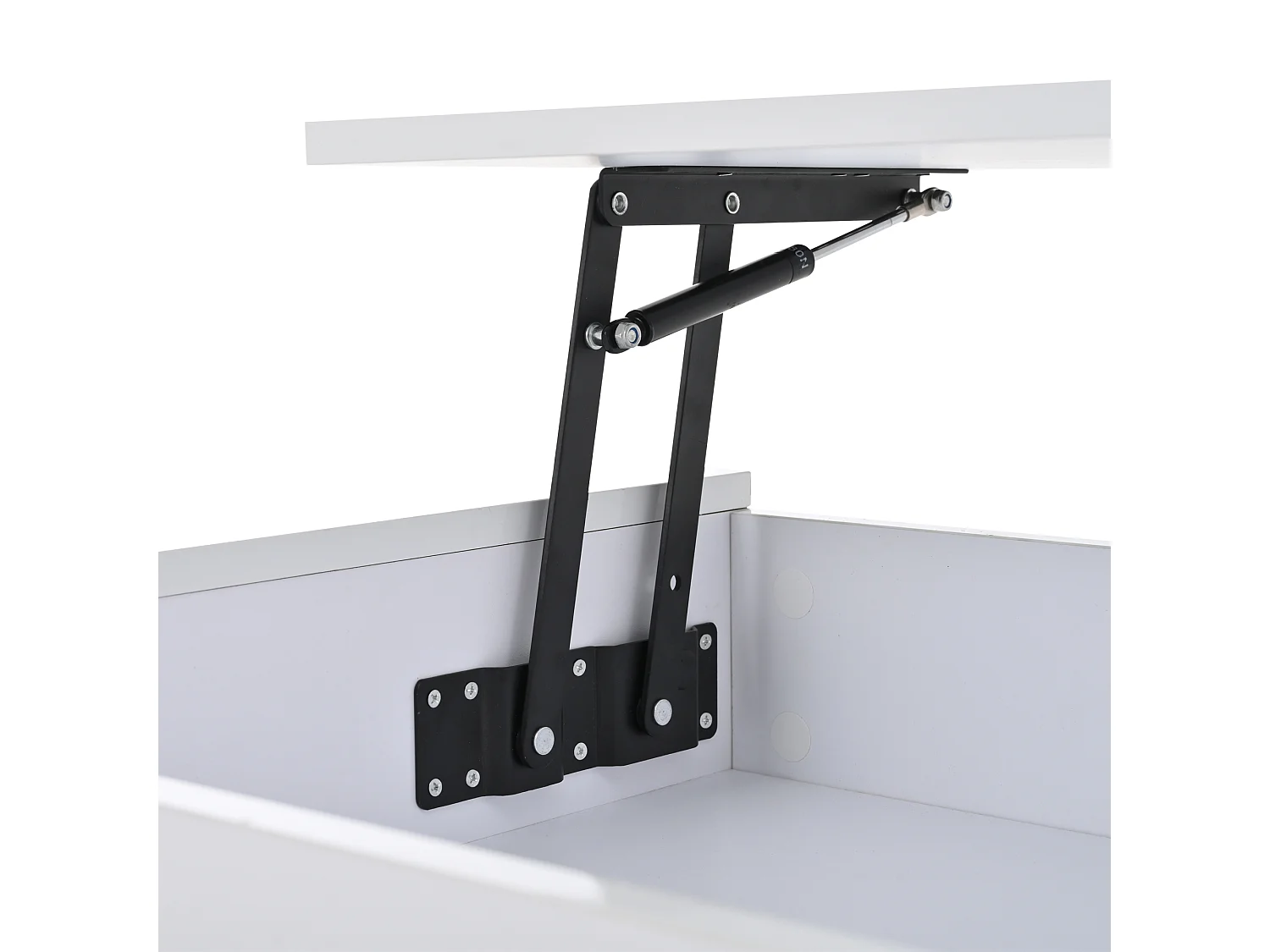 Weißer glänzender Couchtisch mit hochklappbarer Tischplatte, Schubladen und LED-Beleuchtung