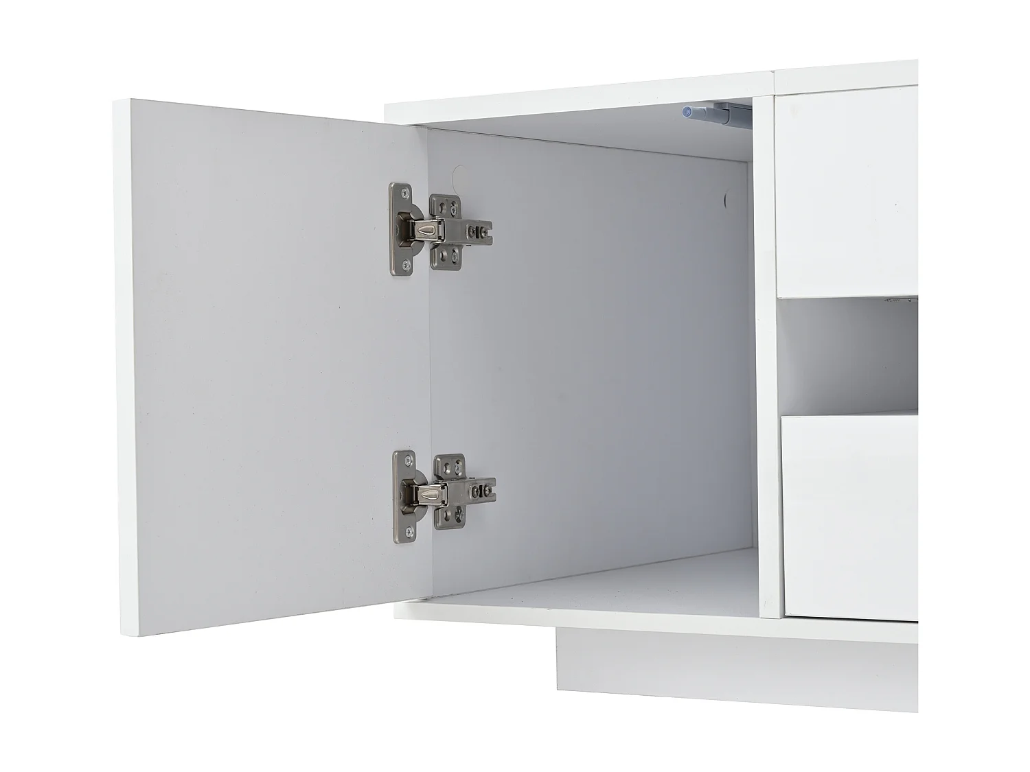 Weißer glänzender Couchtisch mit hochklappbarer Tischplatte, Schubladen und LED-Beleuchtung