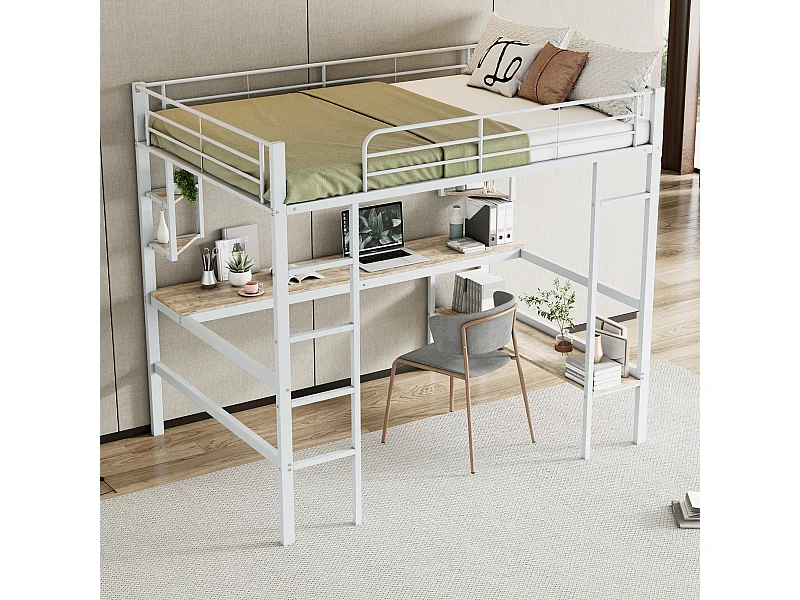 Hoogslaper volwassene 140x200 cm met bureau en opbergplank, wit - zonder matras