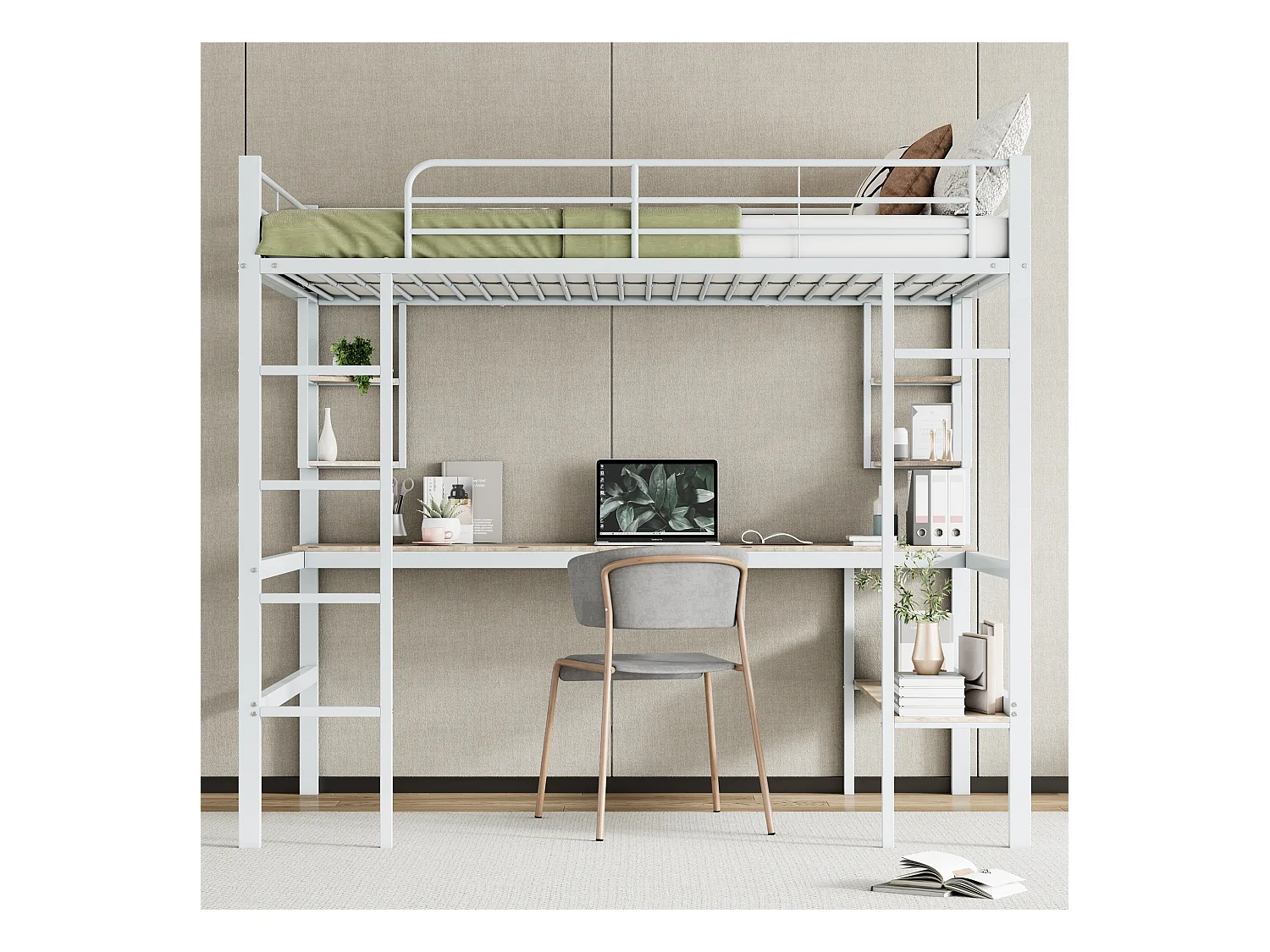 Lit mezzanine adulte 140 x 200 cm avec bureau et étagère de rangement, blanc - sans matelas