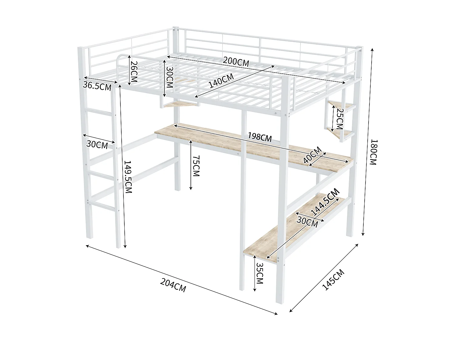 Lit mezzanine adulte 140 x 200 cm avec bureau et étagère de rangement, blanc - sans matelas