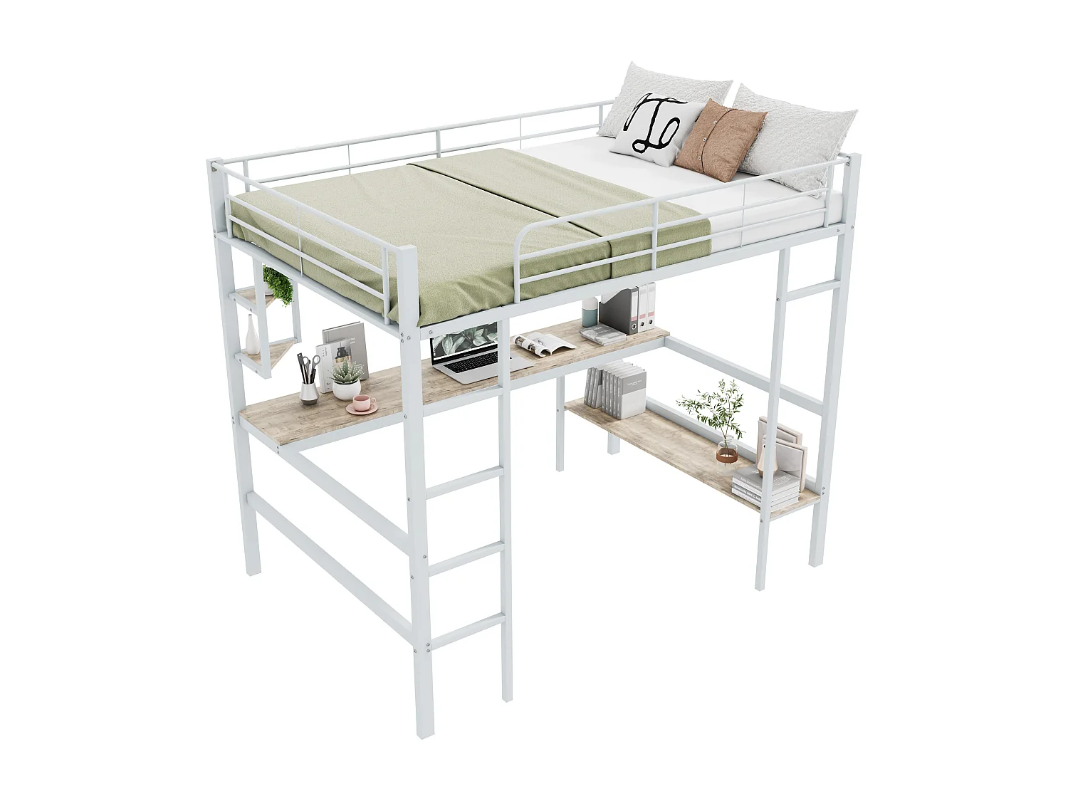 Lit mezzanine adulte 140 x 200 cm avec bureau et étagère de rangement, blanc - sans matelas