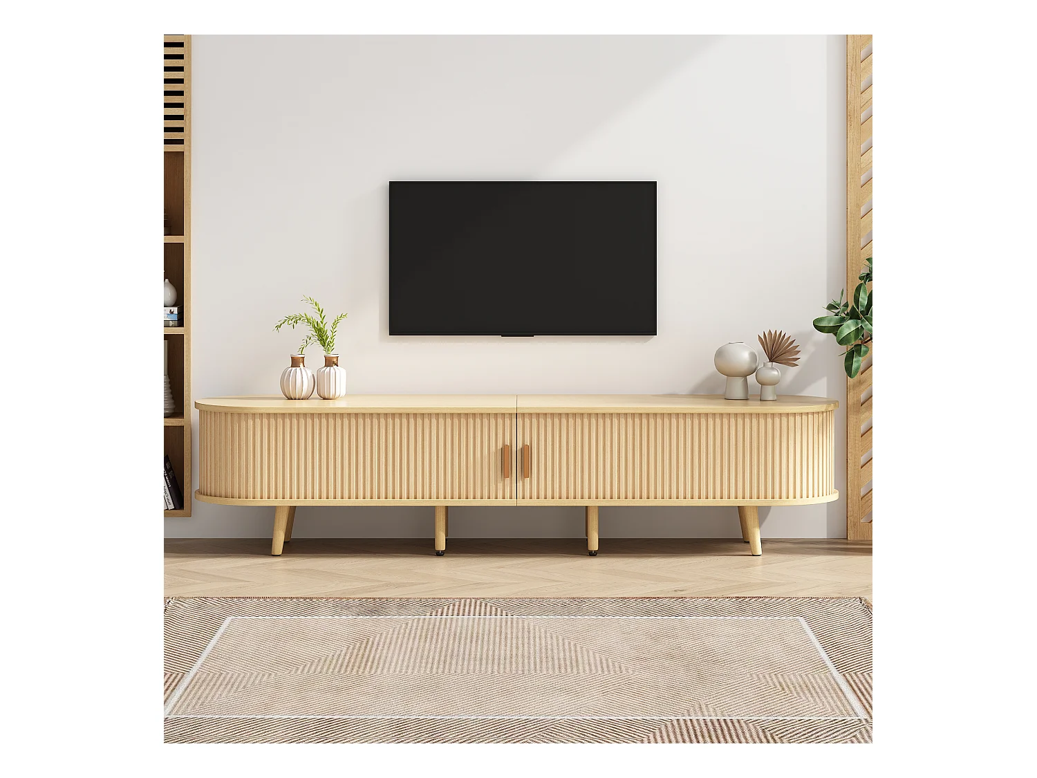 Meuble TV 175 cm avec 2 tiroirs et rangement, plateau en MDF - Couleur du bois