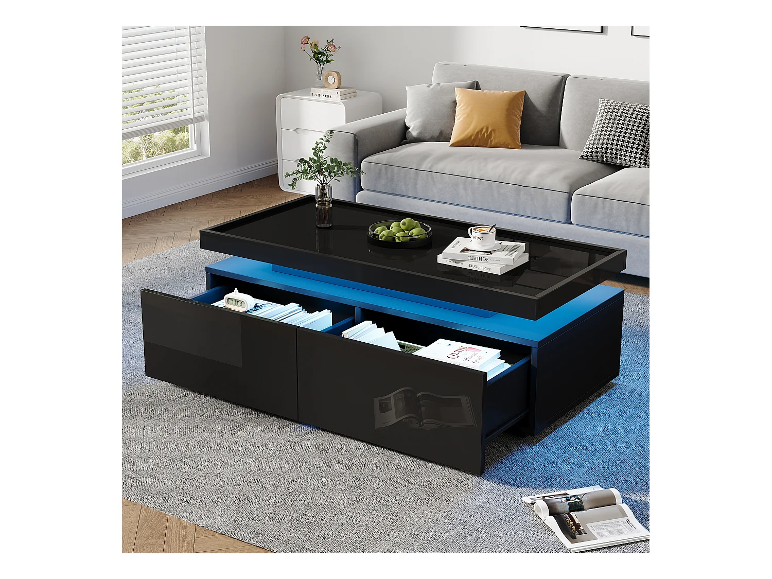 Table basse noire brillante avec éclairage LED et 2 tiroirs de rangement - pour salon