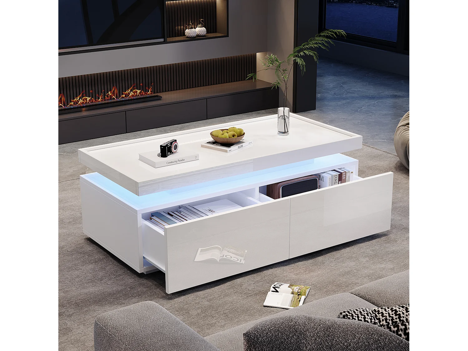 Mesa de centro blanca brillante con luz LED y 2 cajones de almacenamiento – Para salón