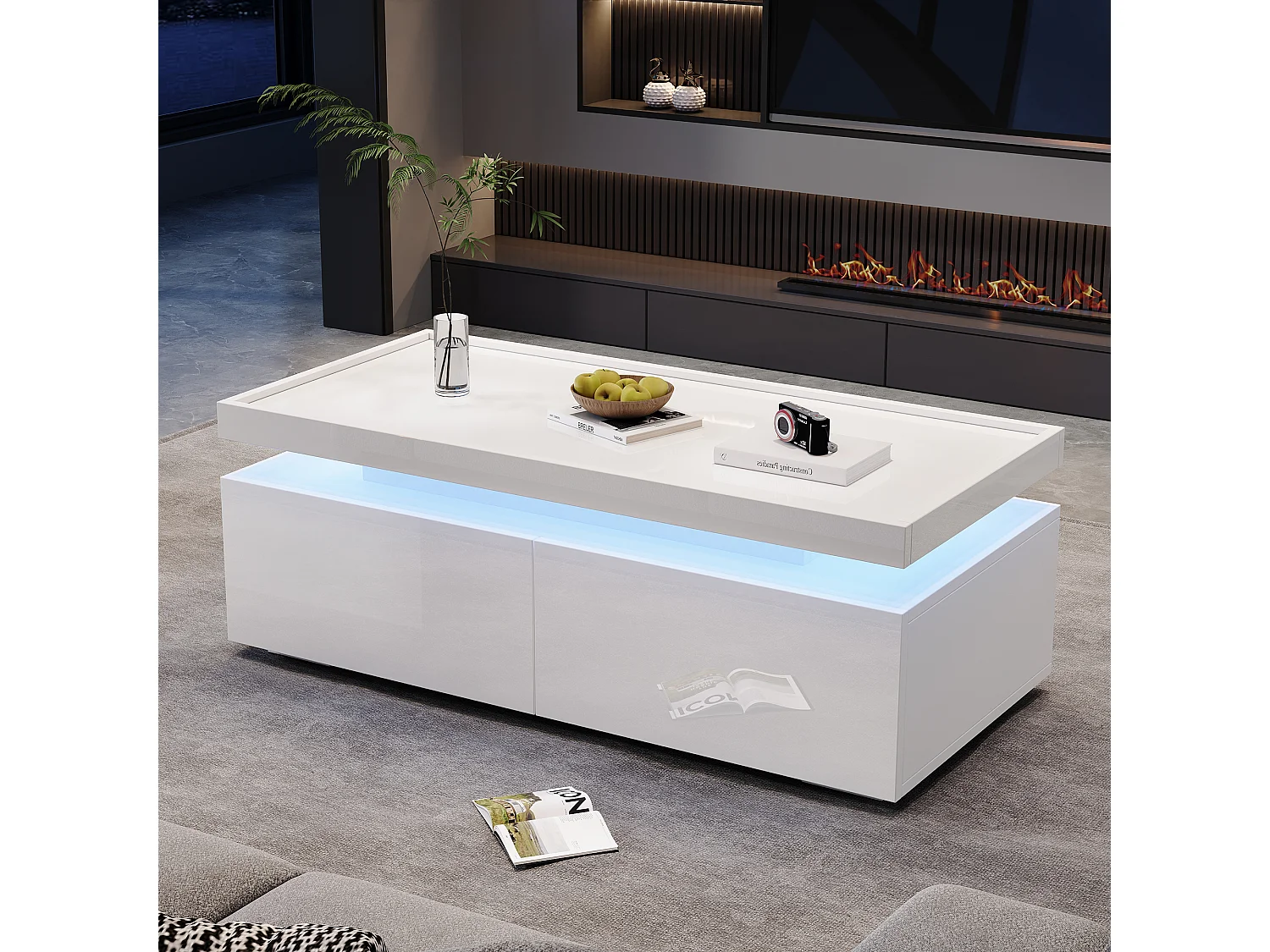 Mesa de centro blanca brillante con luz LED y 2 cajones de almacenamiento – Para salón