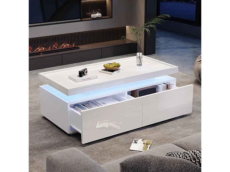 Mesa de centro blanca brillante con luz LED y 2 cajones de almacenamiento – Para salón