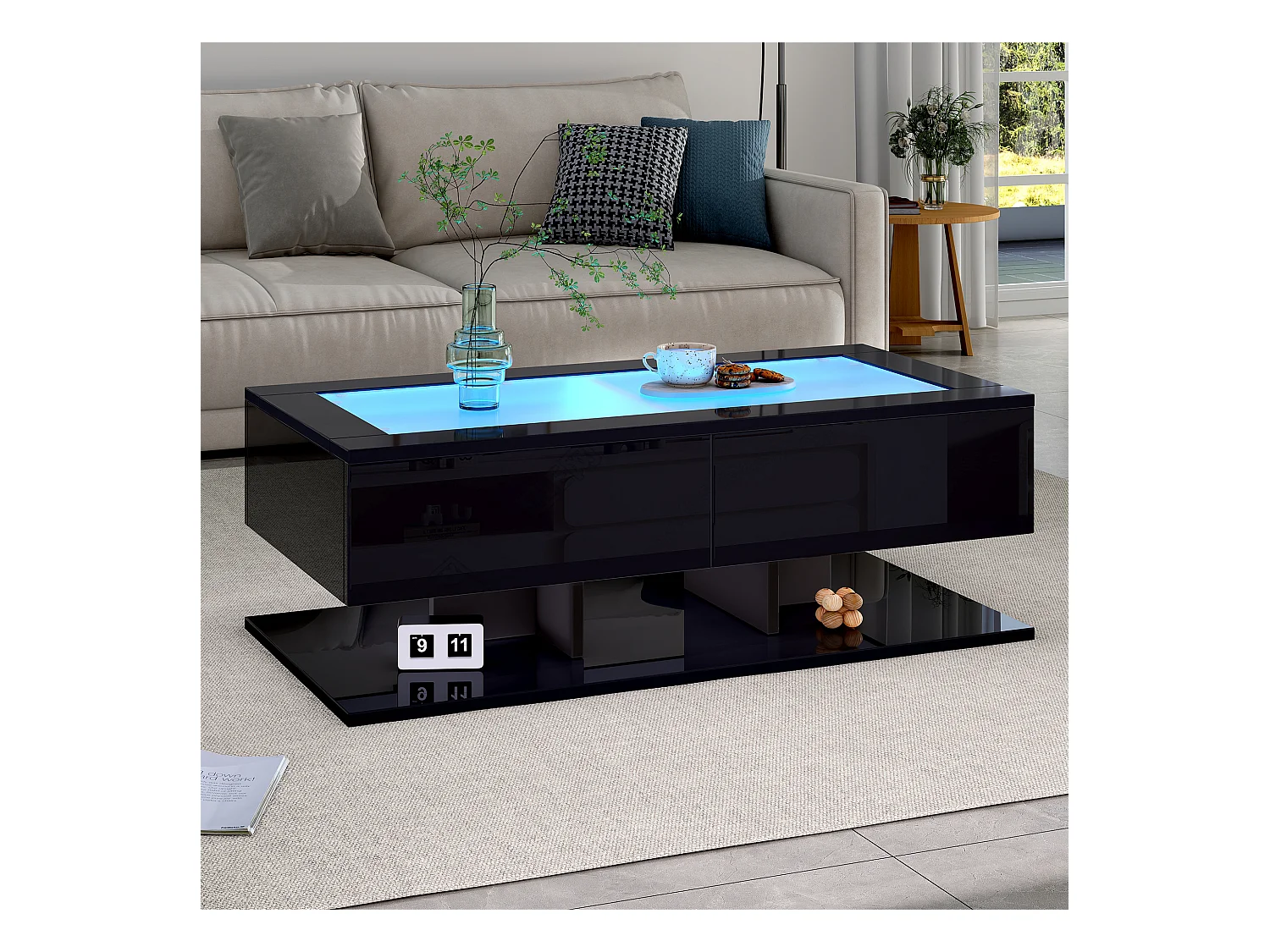 Table basse noire, table basse rectangulaire avec éclairage LED et 2 tiroirs de rangement, plateau en verre
