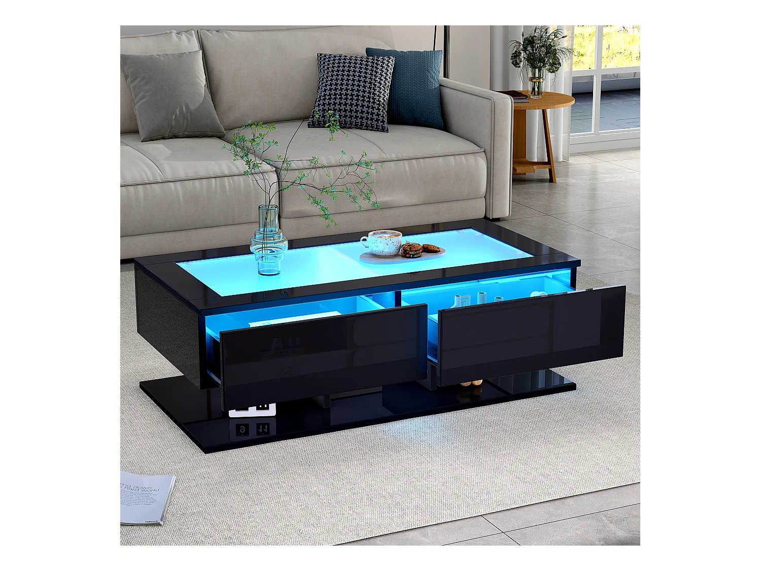 Table basse noire avec éclairage LED et 2 tiroirs de rangement, plateau en verre