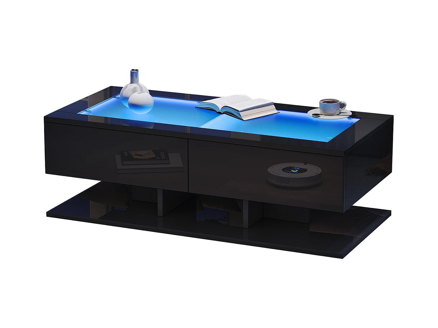 Schwarzer Couchtisch mit LED-Beleuchtung, 2 Schubladen und Glasplatte