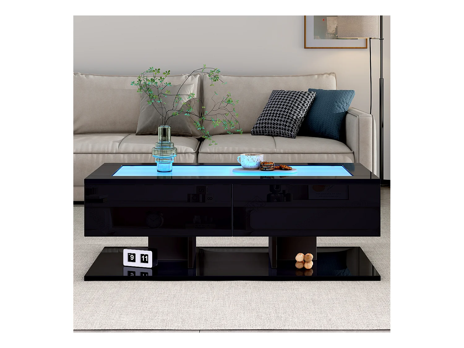 Schwarzer Couchtisch mit LED-Beleuchtung, 2 Schubladen und Glasplatte