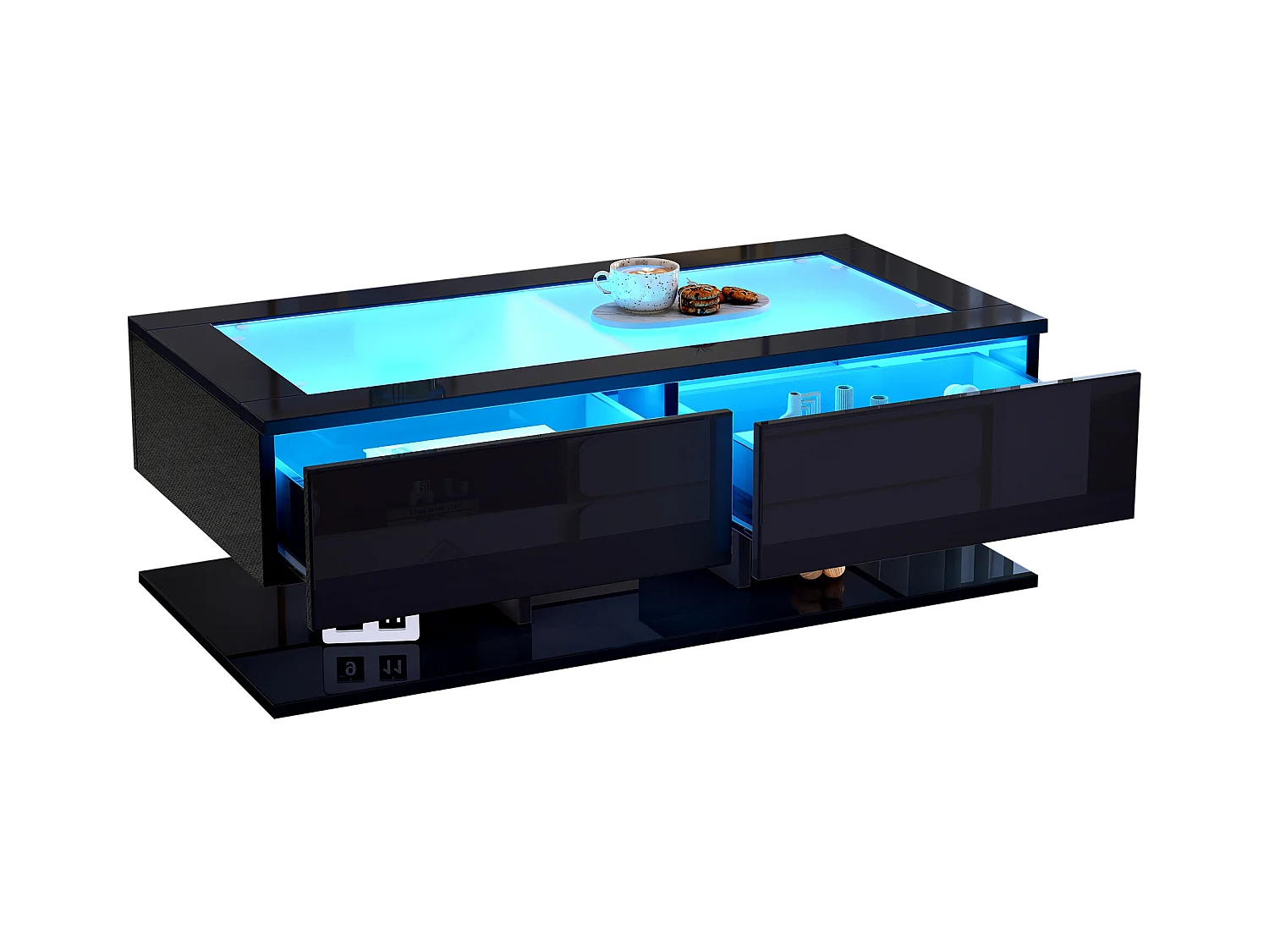 Schwarzer Couchtisch mit LED-Beleuchtung, 2 Schubladen und Glasplatte