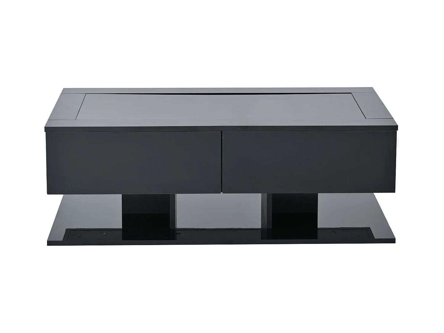 Schwarzer Couchtisch mit LED-Beleuchtung, 2 Schubladen und Glasplatte