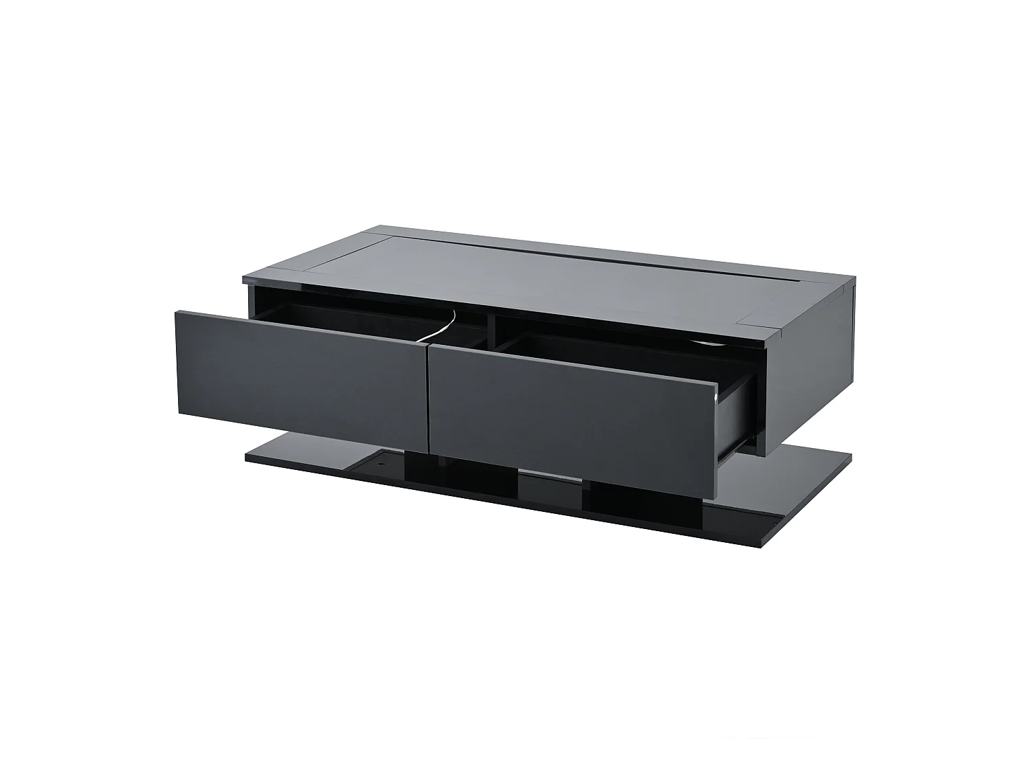 Schwarzer Couchtisch mit LED-Beleuchtung, 2 Schubladen und Glasplatte