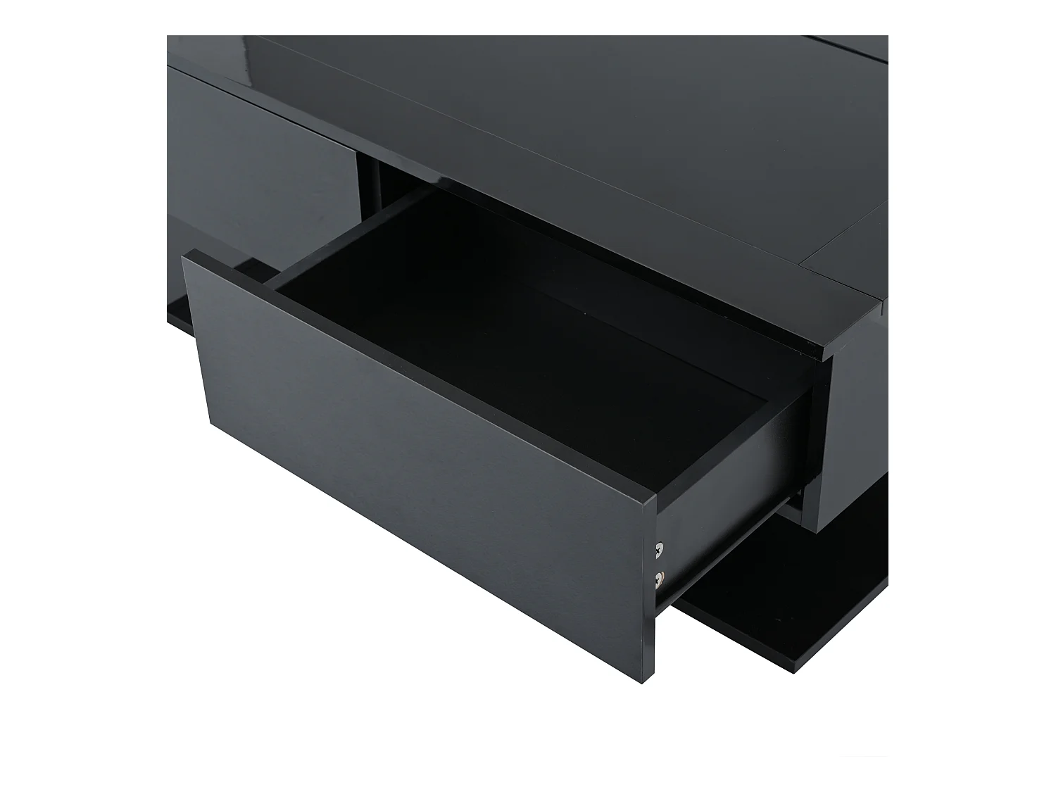 Schwarzer Couchtisch mit LED-Beleuchtung, 2 Schubladen und Glasplatte
