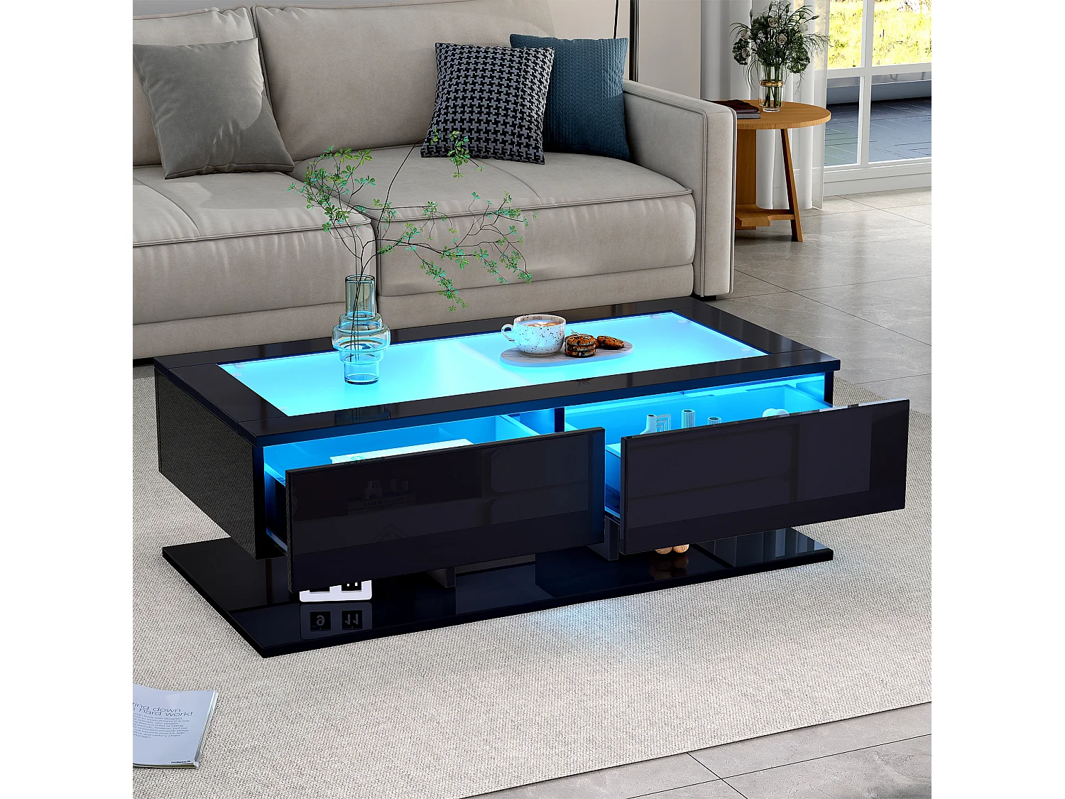 Table basse noire, table basse rectangulaire avec éclairage LED et 2 tiroirs de rangement, plateau en verre