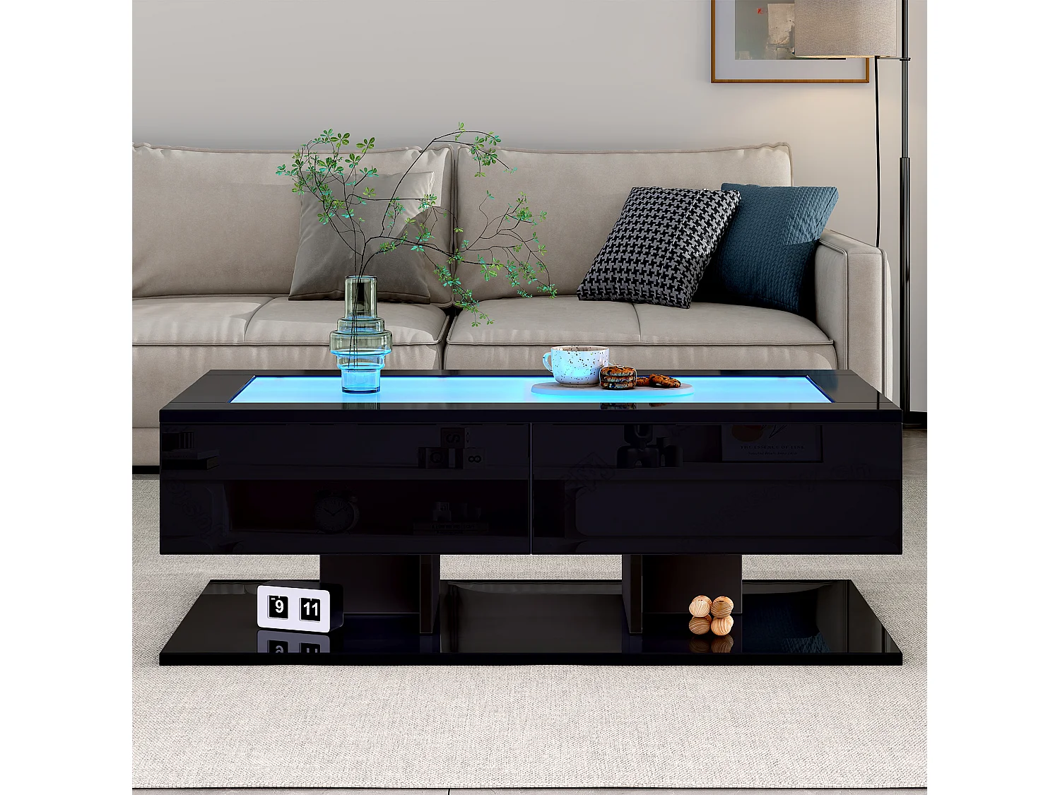 Table basse noire, table basse rectangulaire avec éclairage LED et 2 tiroirs de rangement, plateau en verre