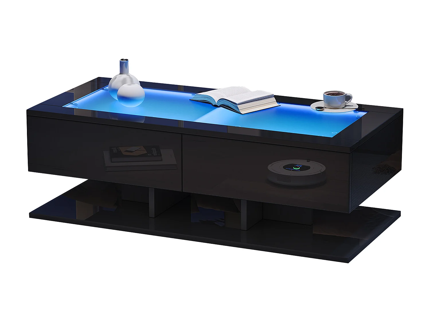 Table basse noire, table basse rectangulaire avec éclairage LED et 2 tiroirs de rangement, plateau en verre