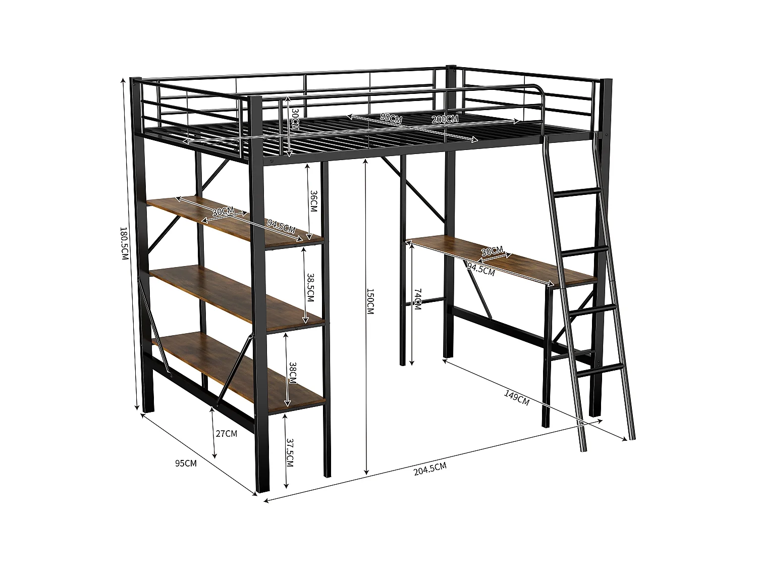 Lit mezzanine 90x200 cm avec bureau et 3 étagères de rangement, noir - sans matelas