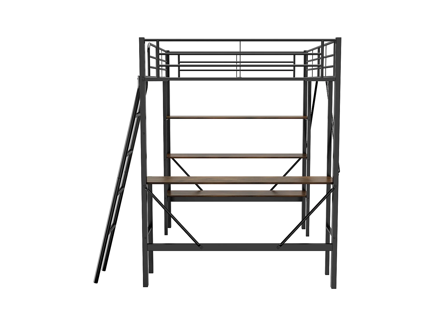 Lit mezzanine 90x200 cm avec bureau et 3 étagères de rangement, noir - sans matelas