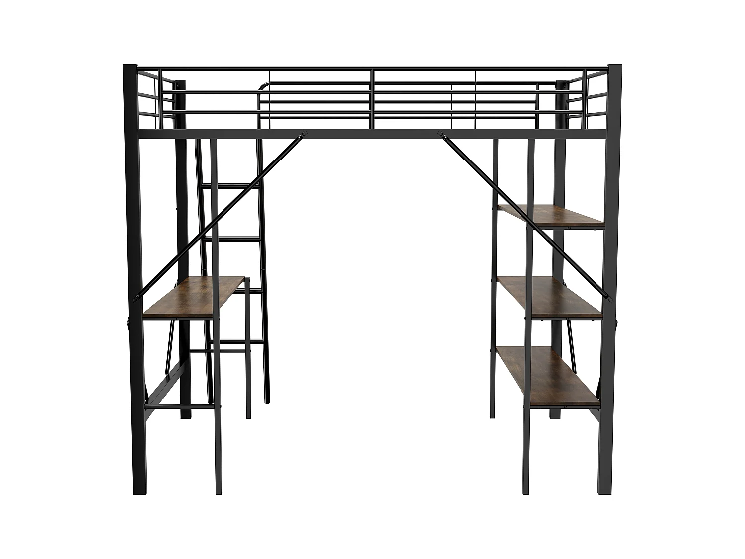 Lit mezzanine 90x200 cm avec bureau et 3 étagères de rangement, noir - sans matelas