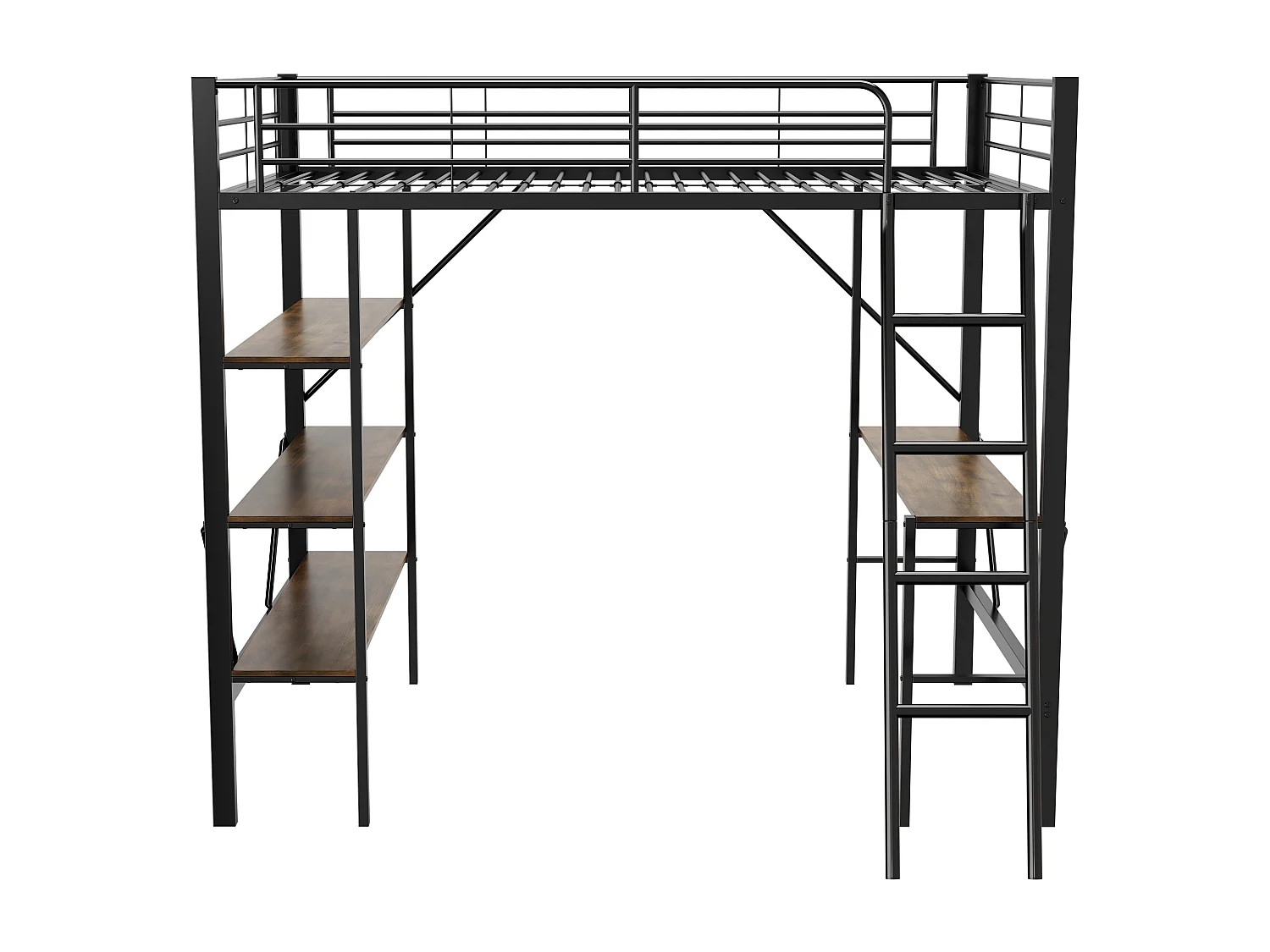 Hochbett 90 x 200 cm mit Schreibtisch und 3 Ablagefächern, schwarz – ohne Matratze