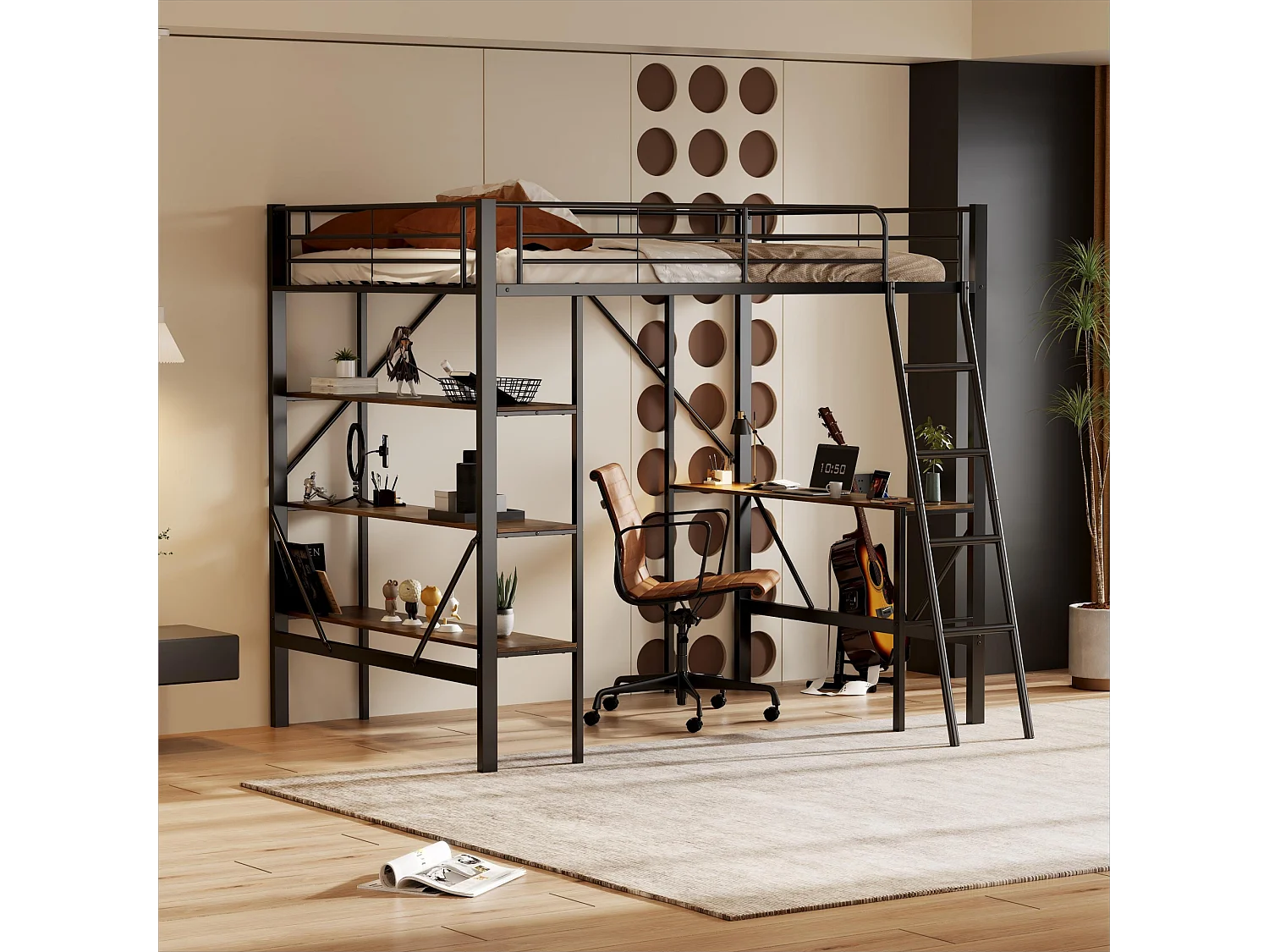 Hochbett 90 x 200 cm mit Schreibtisch und 3 Ablagefächern, schwarz – ohne Matratze