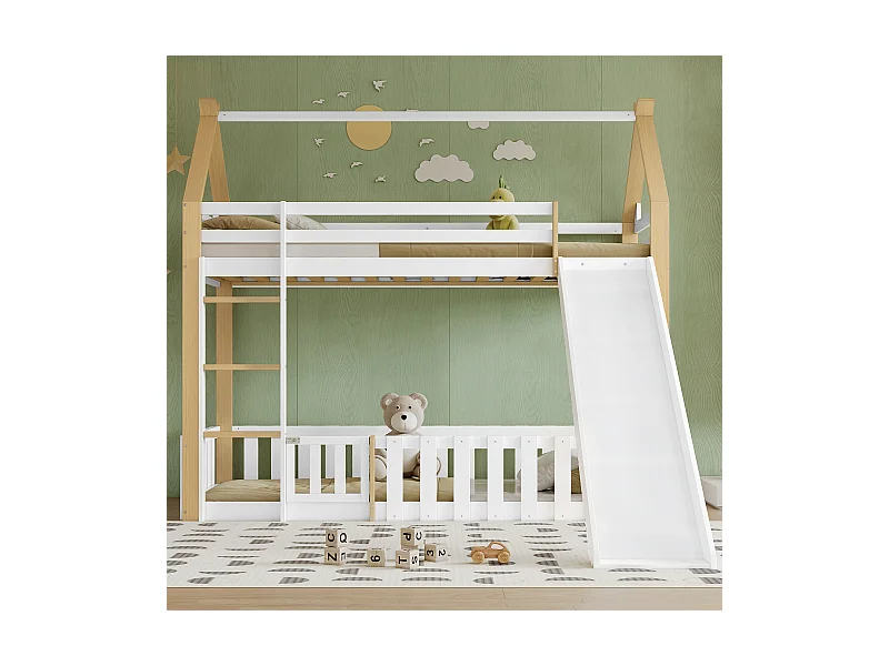 Lit superposé enfant 90x200 cm avec toboggan et barrières de sécurité, blanc et naturel - sans matelas