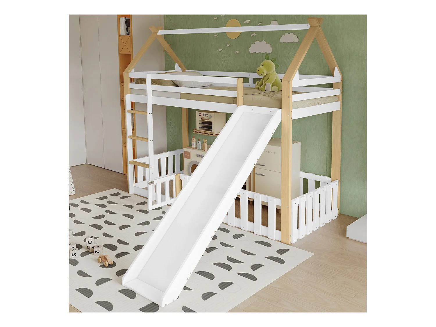 Stapelbed voor kinderen 90x200 cm met glijbaan en trap, wit en naturel - zonder matras