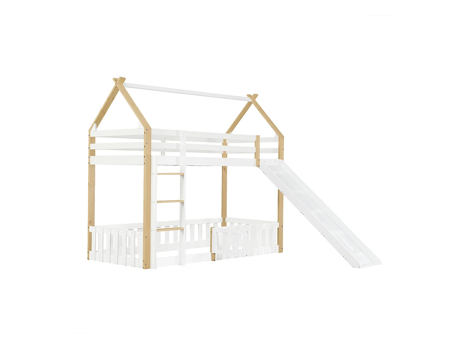 Stapelbed voor kinderen 90x200 cm met glijbaan en trap, wit en naturel - zonder matras