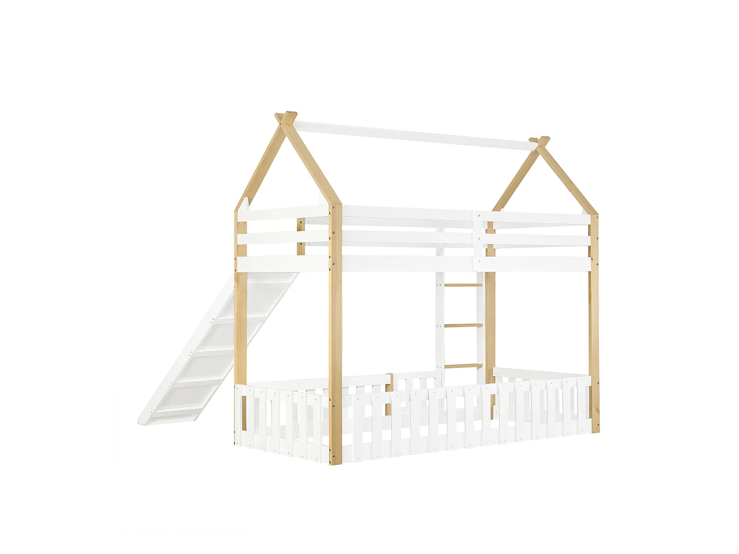 Stapelbed voor kinderen 90x200 cm met glijbaan en trap, wit en naturel - zonder matras