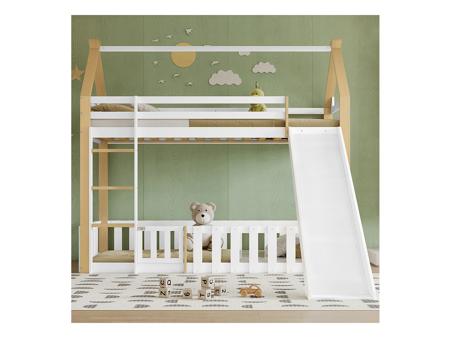 Lit superposé enfant 90x200 cm avec toboggan et barrières de sécurité, blanc et naturel - sans matelas