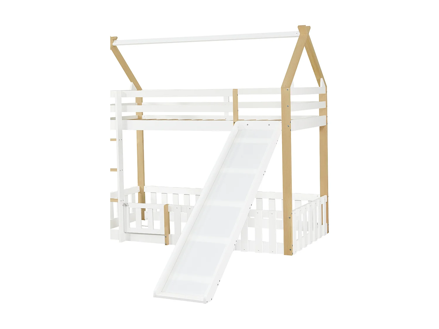 Łóżko piętrowe dla dzieci 90x200 cm ze zjeżdżalnią i barierkami ochronnymi, białe i naturalne – bez materaca