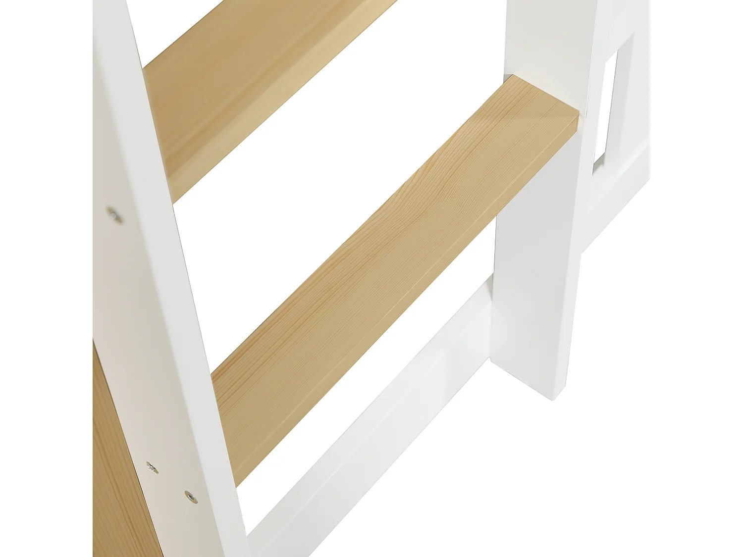 Łóżko piętrowe dla dzieci 90x200 cm ze zjeżdżalnią i barierkami ochronnymi, białe i naturalne – bez materaca