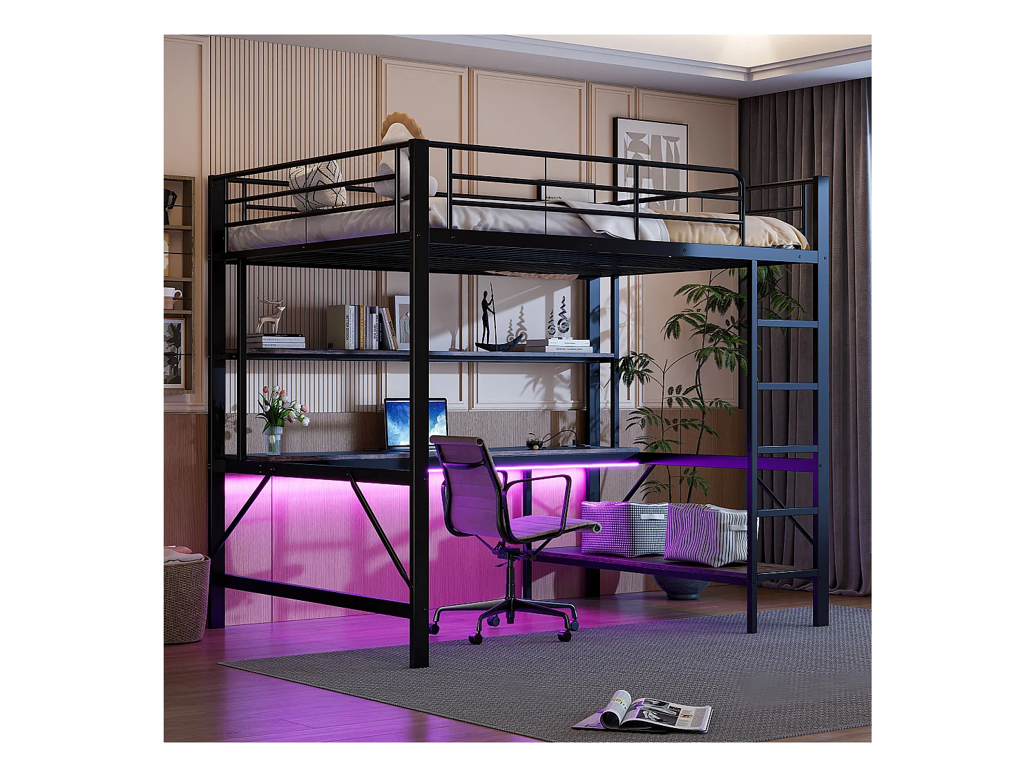 Lit mezzanine 140x200 cm avec éclairage USB et LED, étagères et bureau, noir - sans matelas