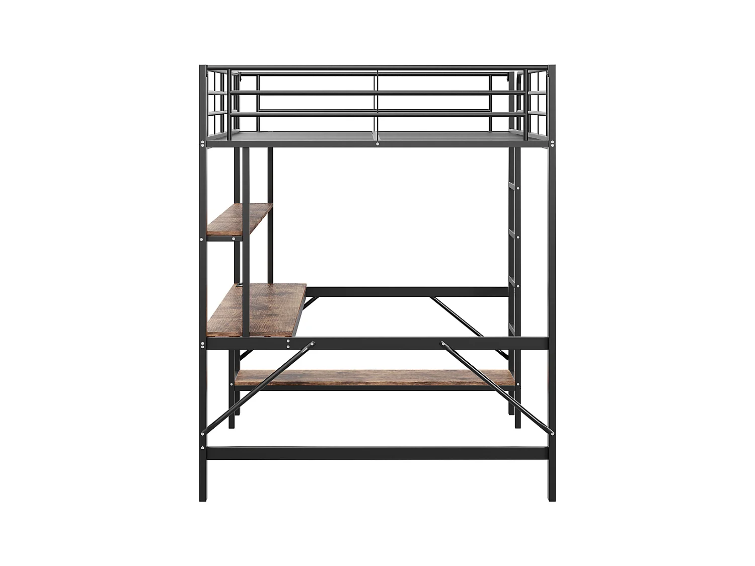 Lit mezzanine 140x200 cm avec éclairage USB et LED, étagères et bureau, noir - sans matelas