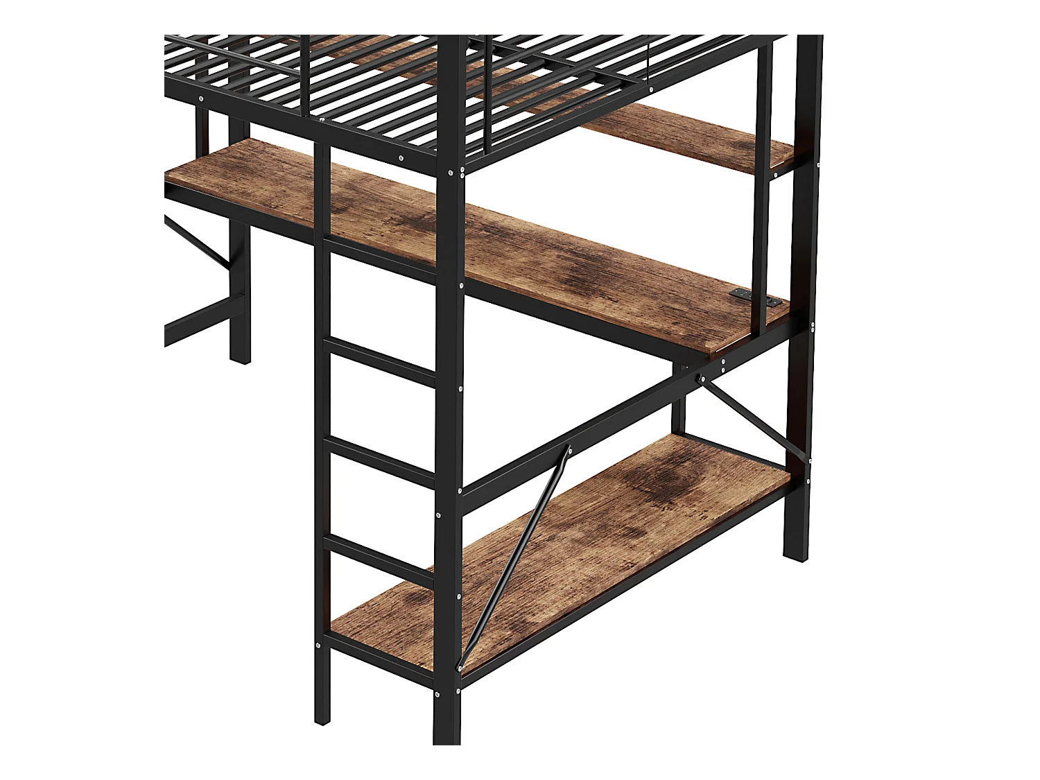 Lit mezzanine 140x200 cm avec éclairage USB et LED, étagères et bureau, noir - sans matelas