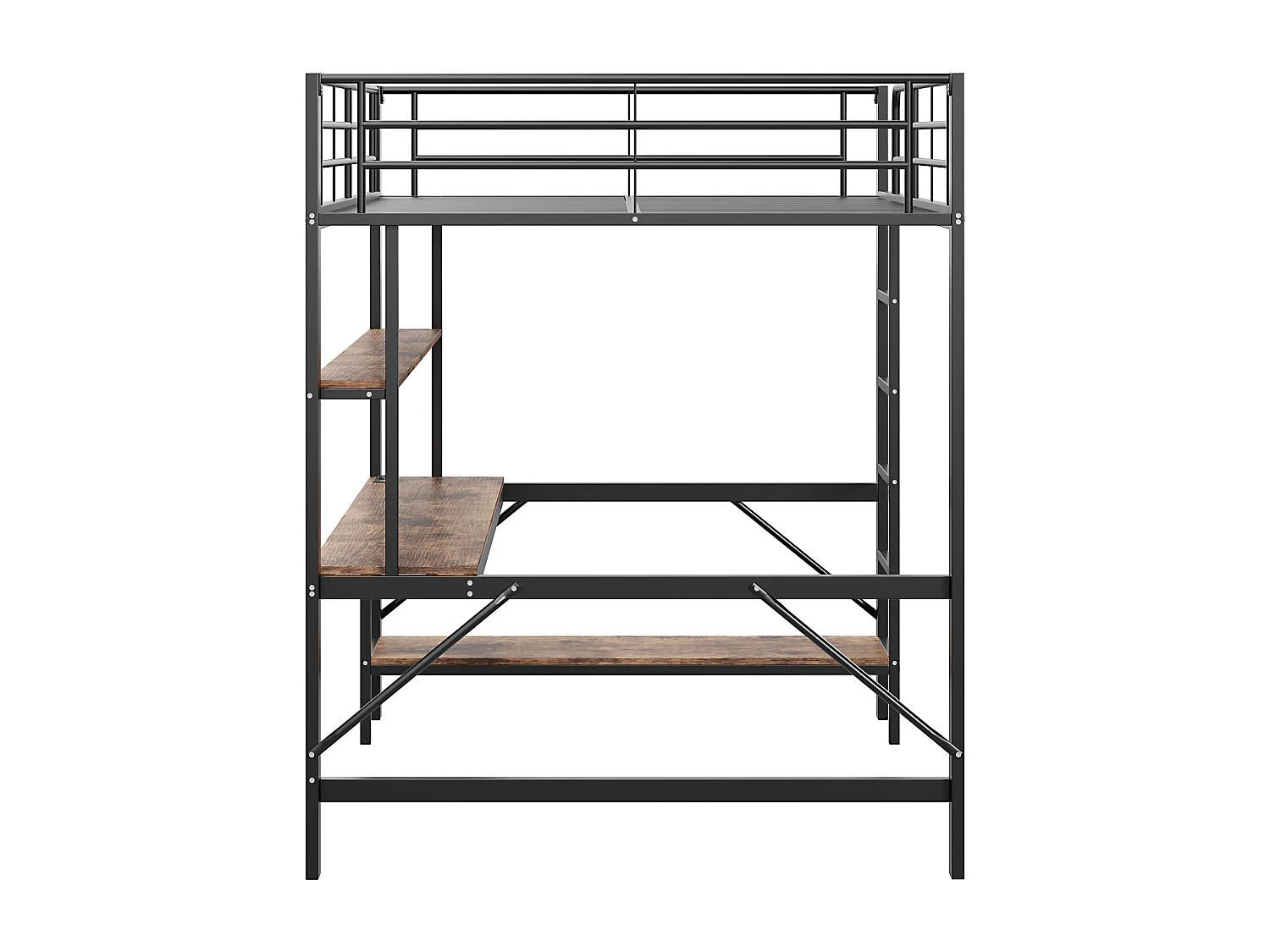 Hochbett 140x200 cm mit USB- und LED-Beleuchtung, Regalen und Schreibtisch, schwarz - ohne Matratze