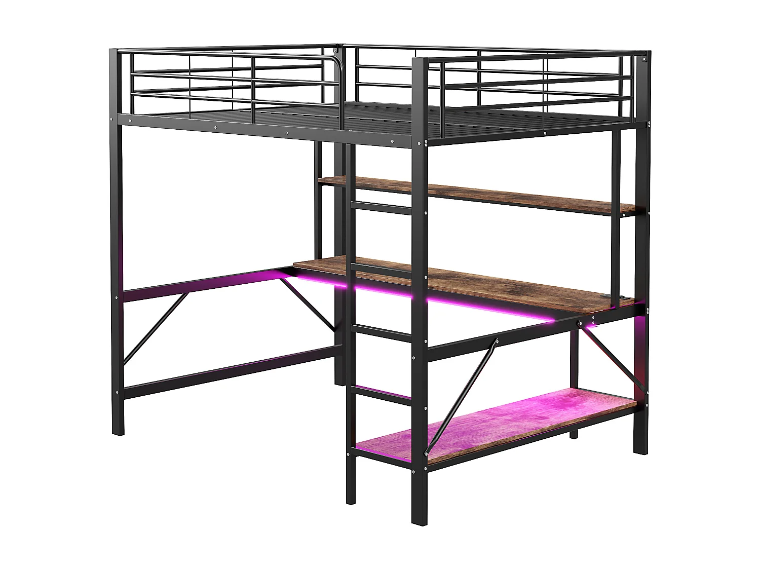 Hochbett 140x200 cm mit USB- und LED-Beleuchtung, Regalen und Schreibtisch, schwarz - ohne Matratze