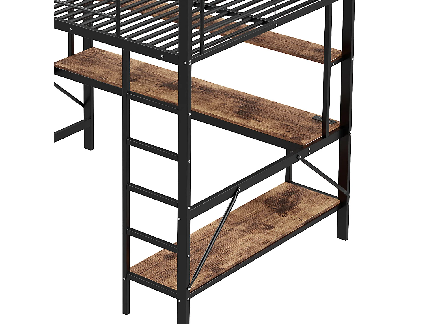 Hochbett 140x200 cm mit USB- und LED-Beleuchtung, Regalen und Schreibtisch, schwarz - ohne Matratze