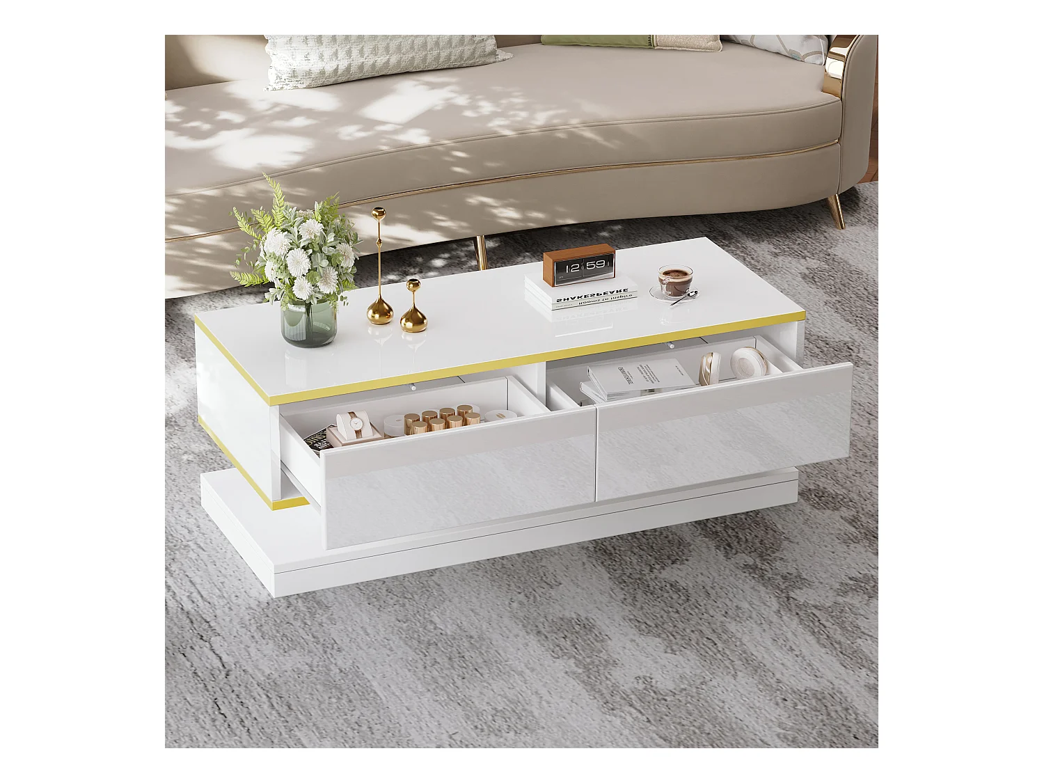 Table basse brillante avec 2 tiroirs de rangement, blanche et dorée - pour salon