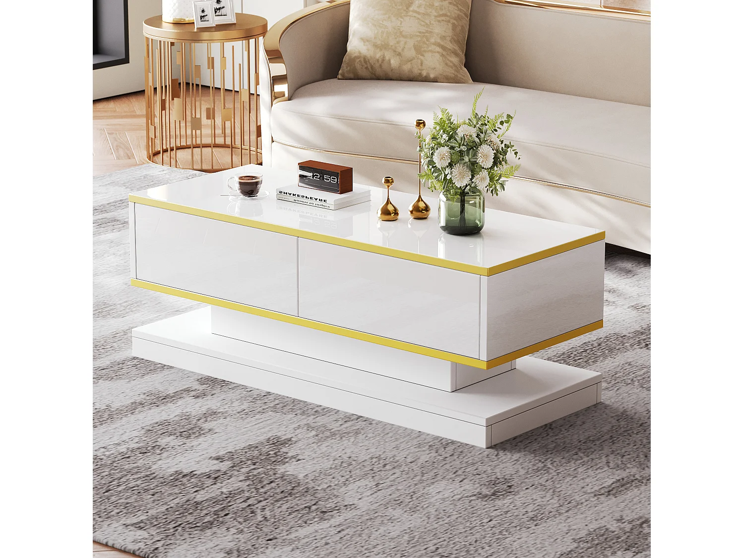 Table basse brillante avec 2 tiroirs de rangement, blanche et dorée - pour salon