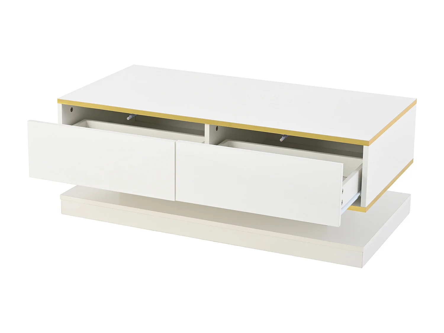 Table basse brillante avec 2 tiroirs de rangement, blanche et dorée - pour salon