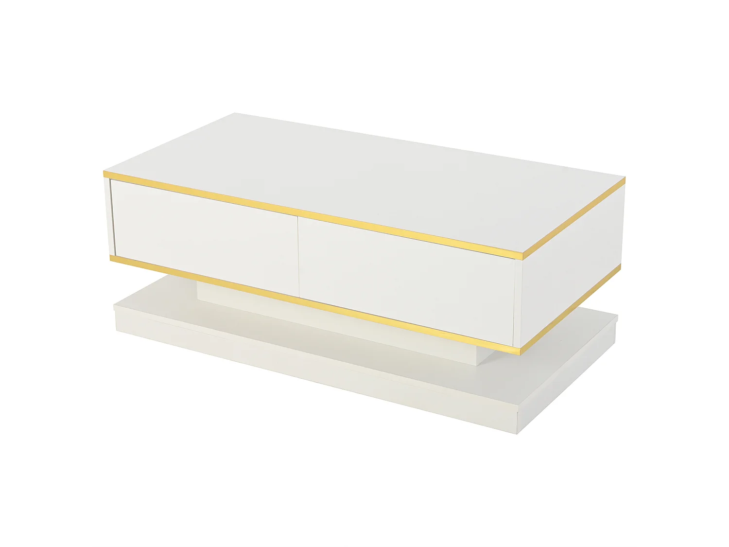 Table basse brillante avec 2 tiroirs de rangement, blanche et dorée - pour salon