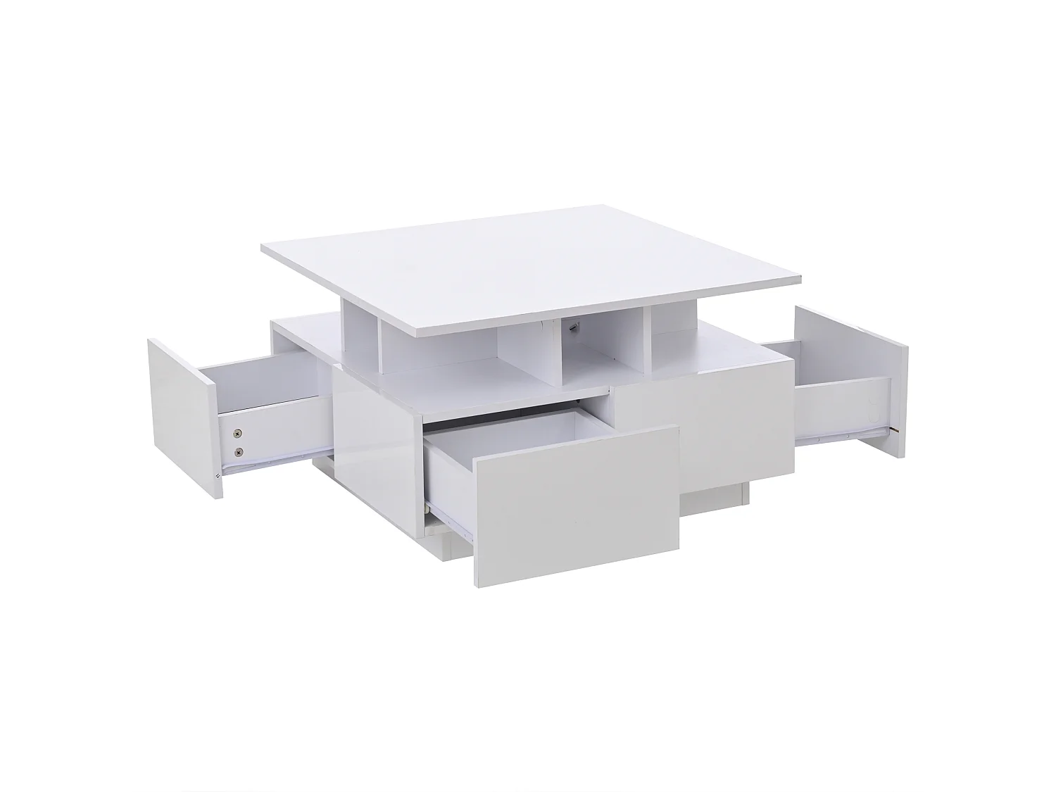 Tavolino quadrato bianco con 4 cassetti contenitori e illuminazione LED - Per soggiorno