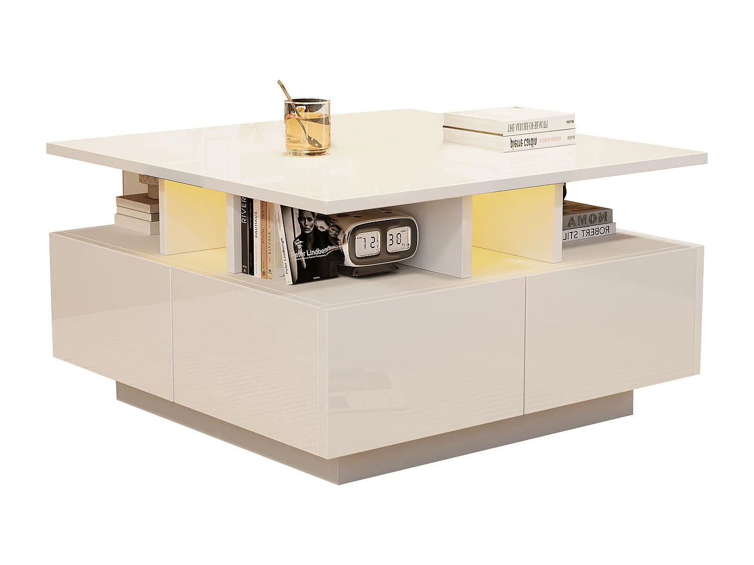 Tavolino quadrato bianco con 4 cassetti contenitori e illuminazione LED - Per soggiorno