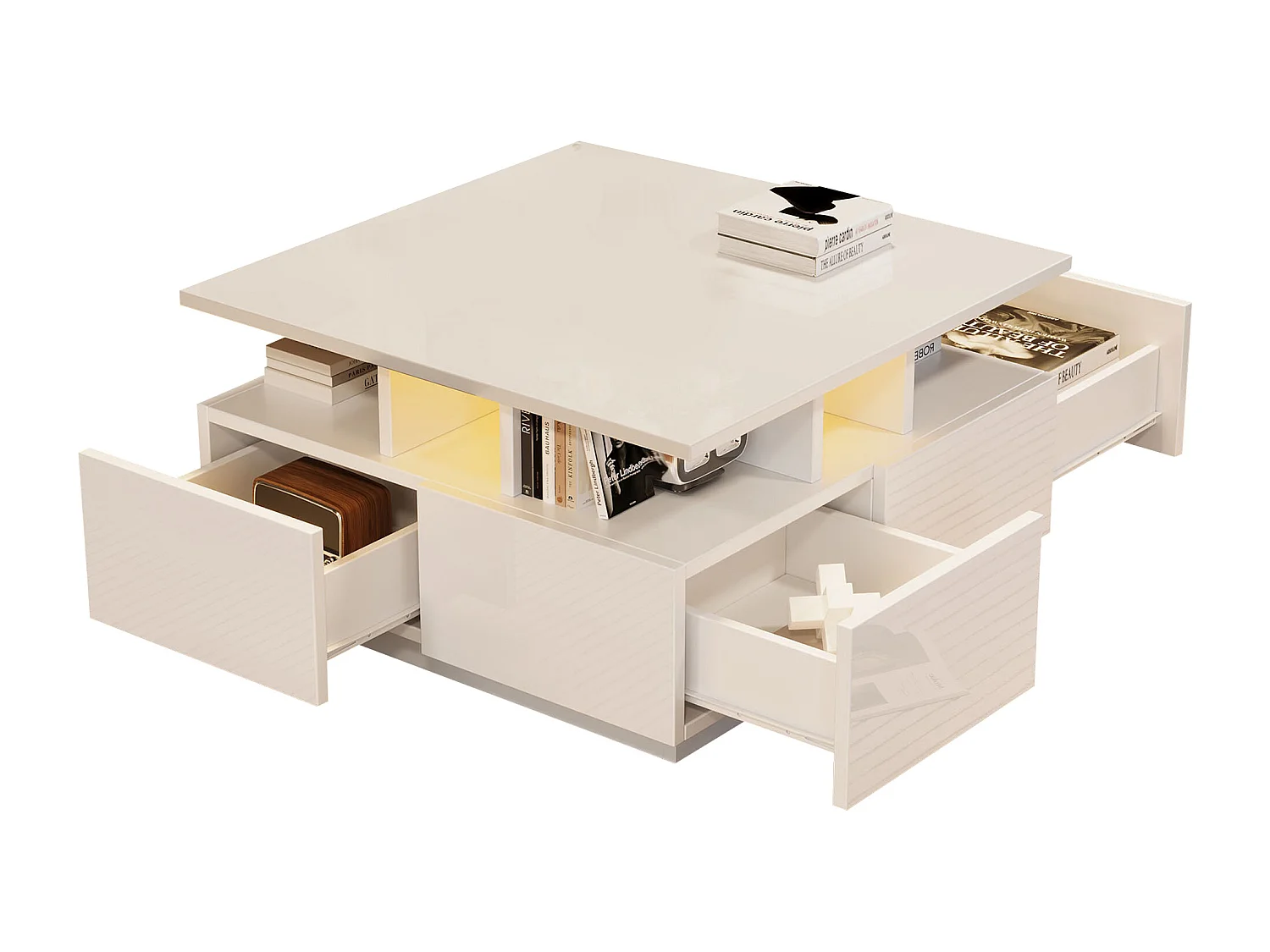 Tavolino quadrato bianco con 4 cassetti contenitori e illuminazione LED - Per soggiorno
