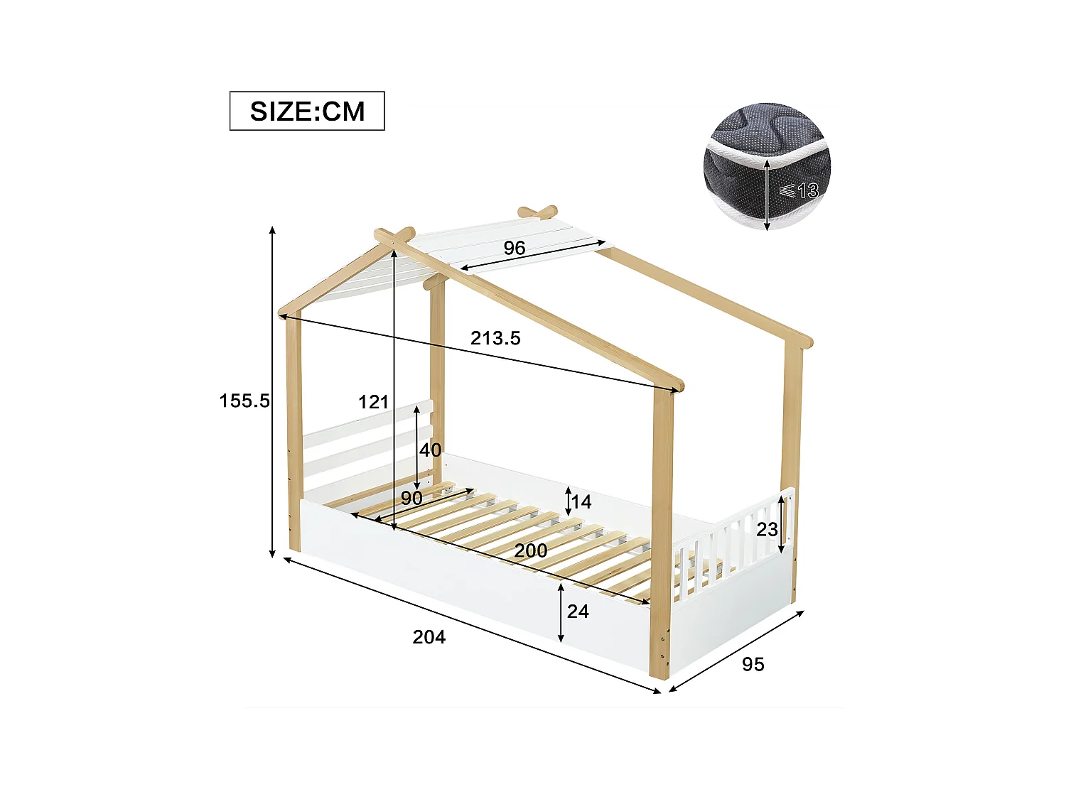 Kinderbed 90x200 cm met houten lattenbodem, wit en naturel - zonder matras